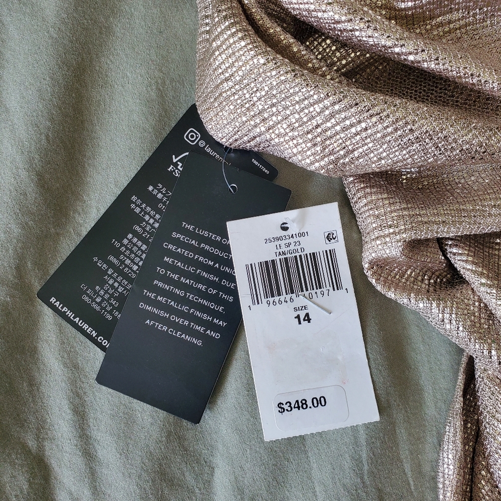 RALPH LAUREN | Gold Champagne Foil Print Jersey Cape Gown (Size 14) - Picture 13 of 15